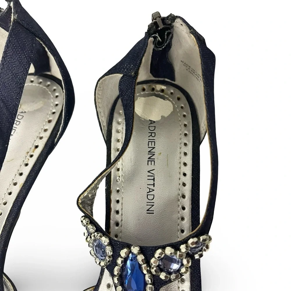 Adrienne Vittadini Navy Blue Linen Jeweled Kitten Wedge Sandals Size 8